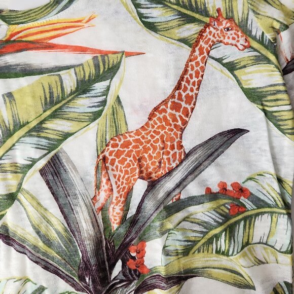 Ann Taylor linen tropical animal print t-shirt top featuring monkeys giraffes M - Picture 3 of 10